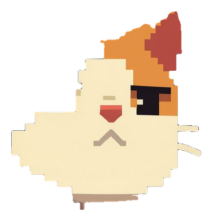 Catoleon, a pixel-art calico cat with an orange ear and a stern expression